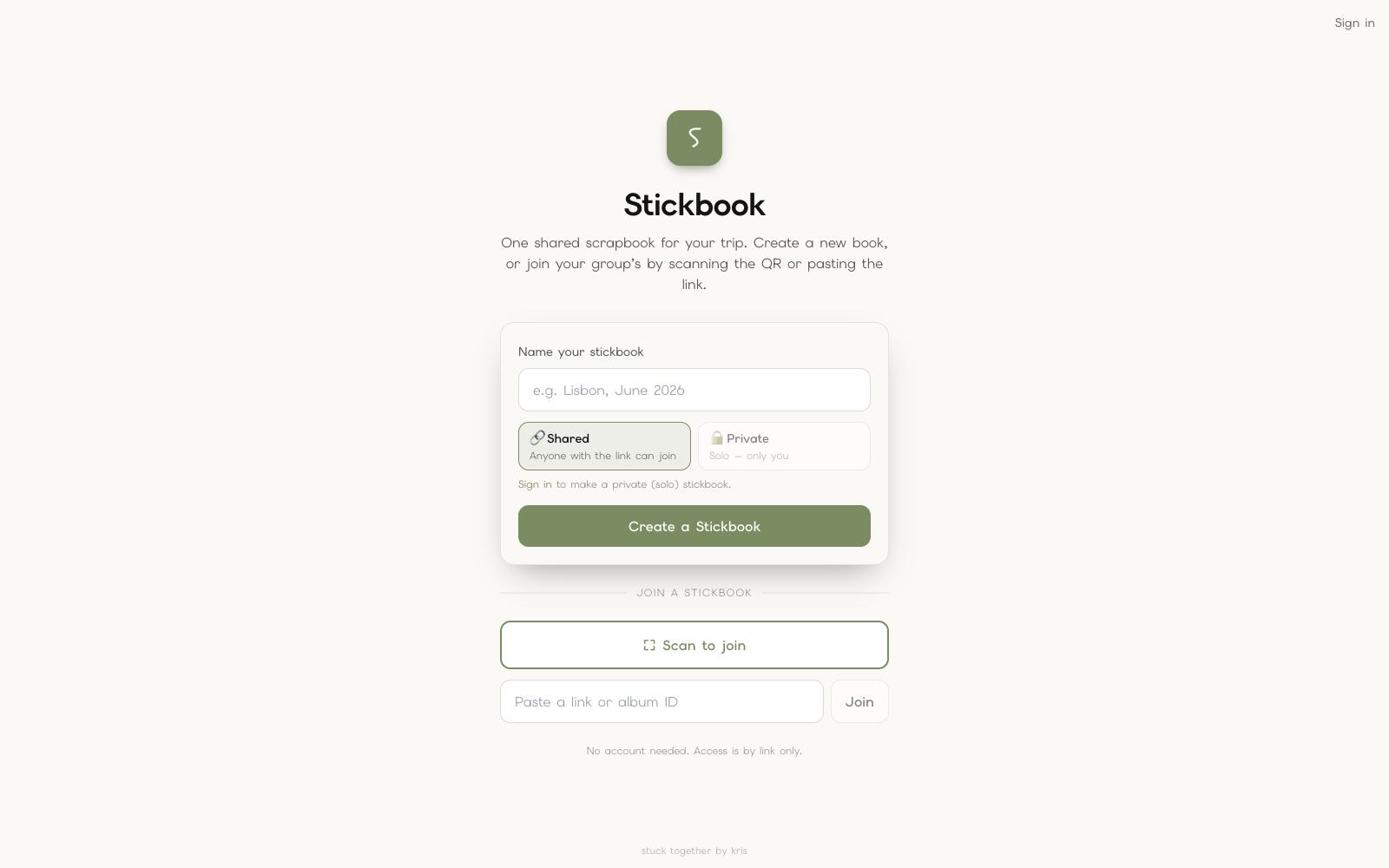 Stickbook home screen: name your stickbook, shared or private, join by link or QR